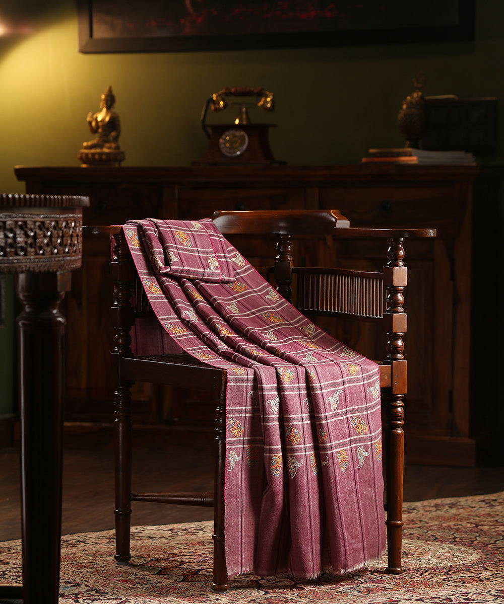 Purple Handwoven Pure Pashmina Shawl With Checks And Soznikari Booti Design Shawls