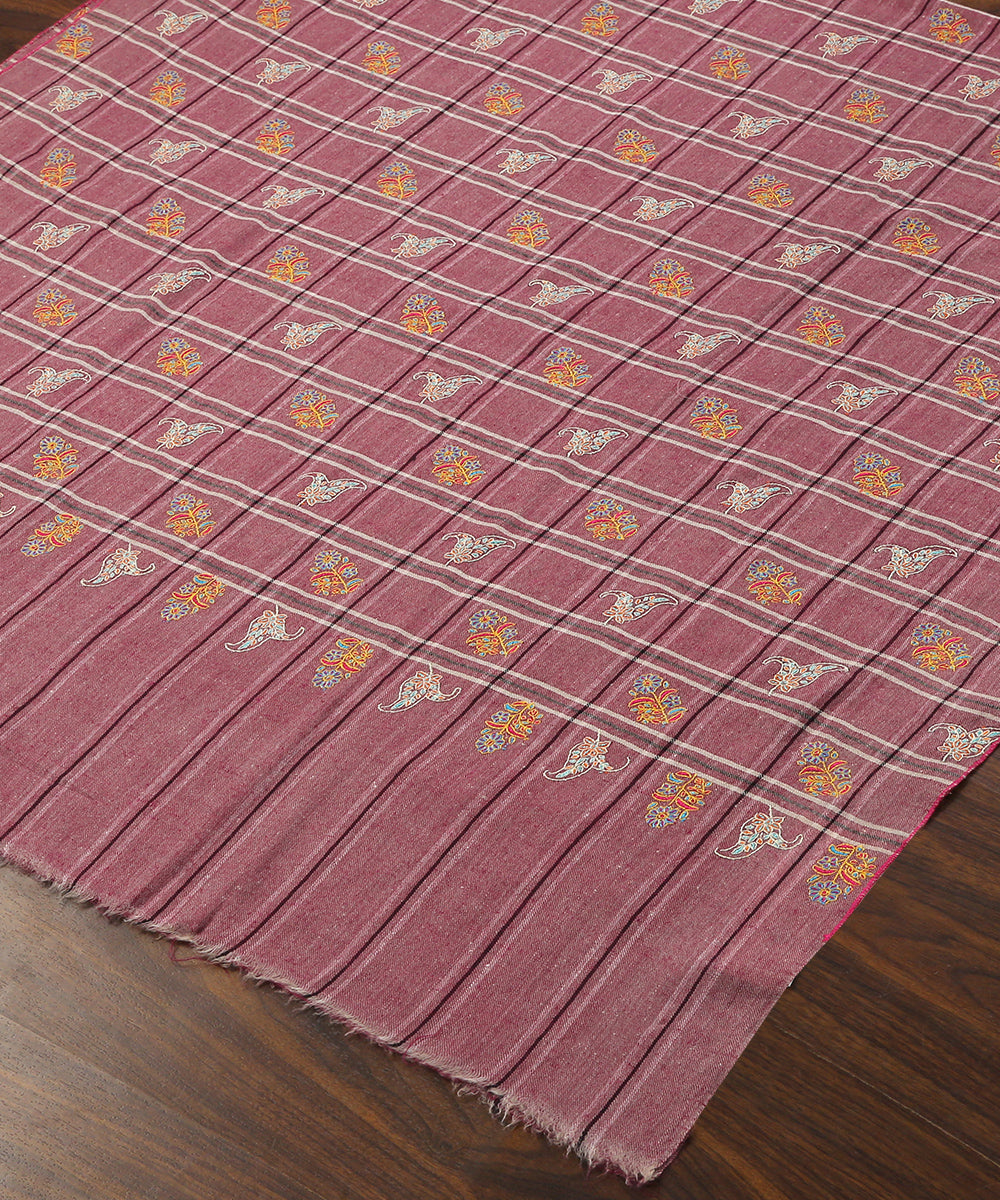 Purple Handwoven Pure Pashmina Shawl With Checks And Soznikari Booti Design Shawls