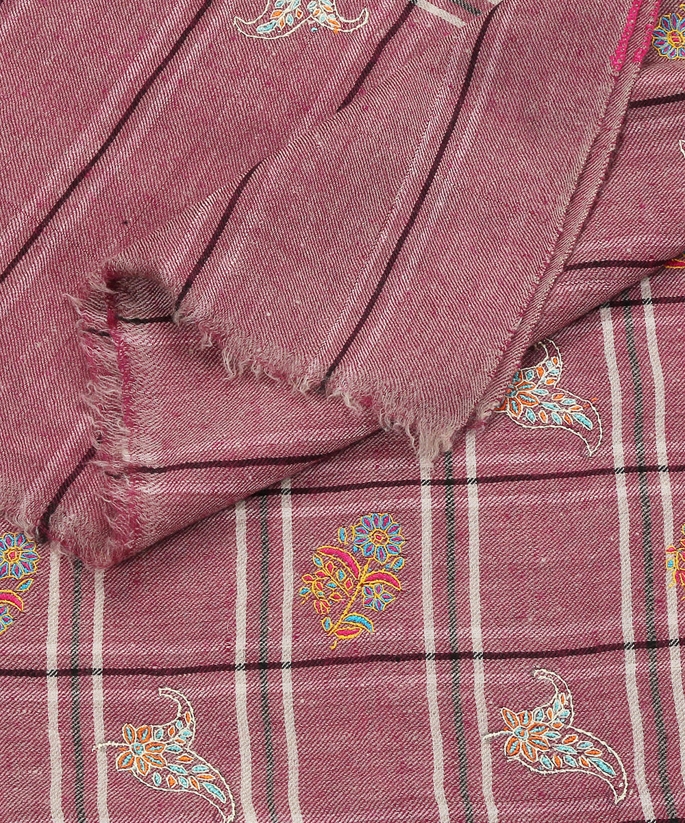 Purple Handwoven Pure Pashmina Shawl With Checks And Soznikari Booti Design Shawls