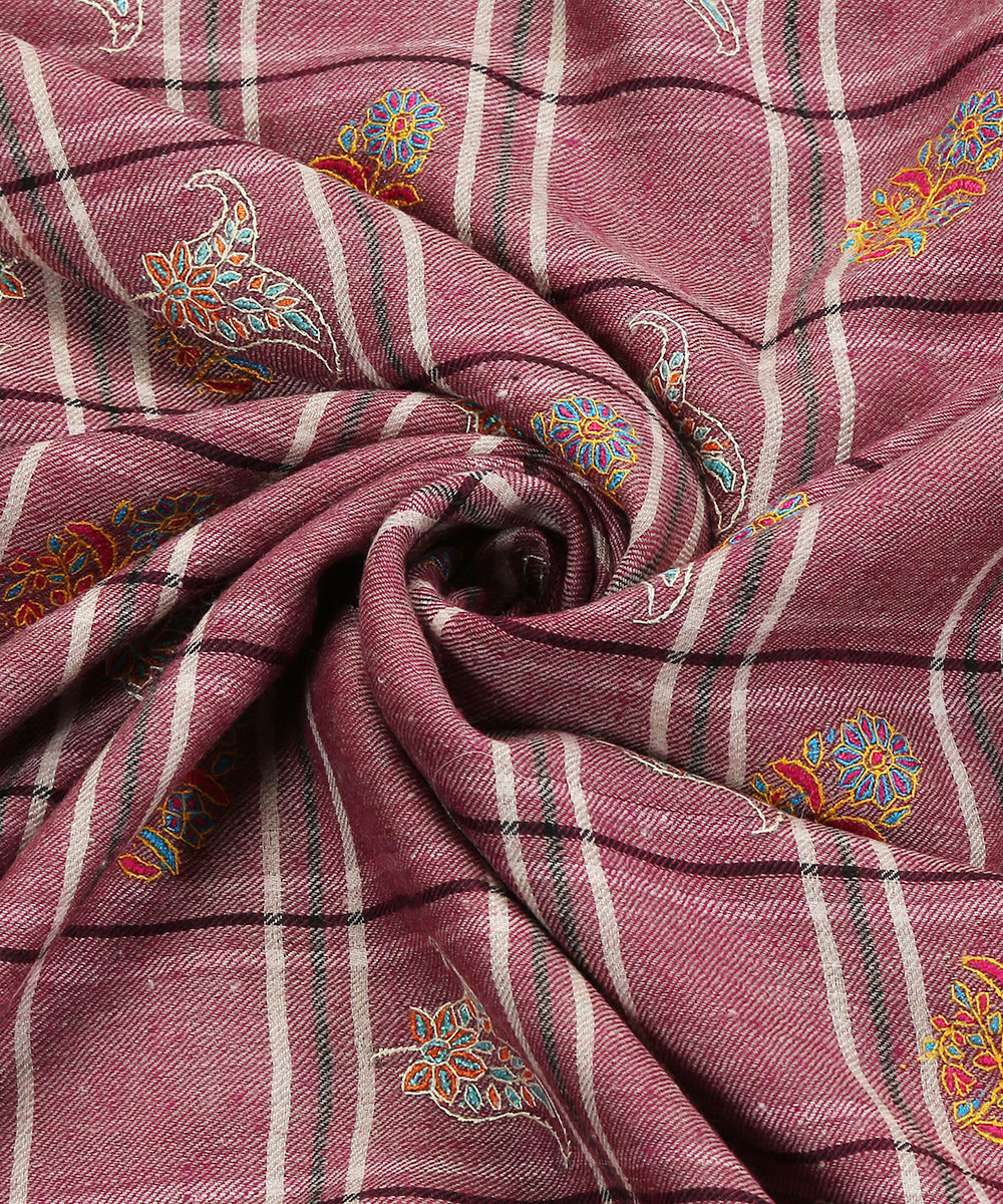 Purple Handwoven Pure Pashmina Shawl With Checks And Soznikari Booti Design Shawls