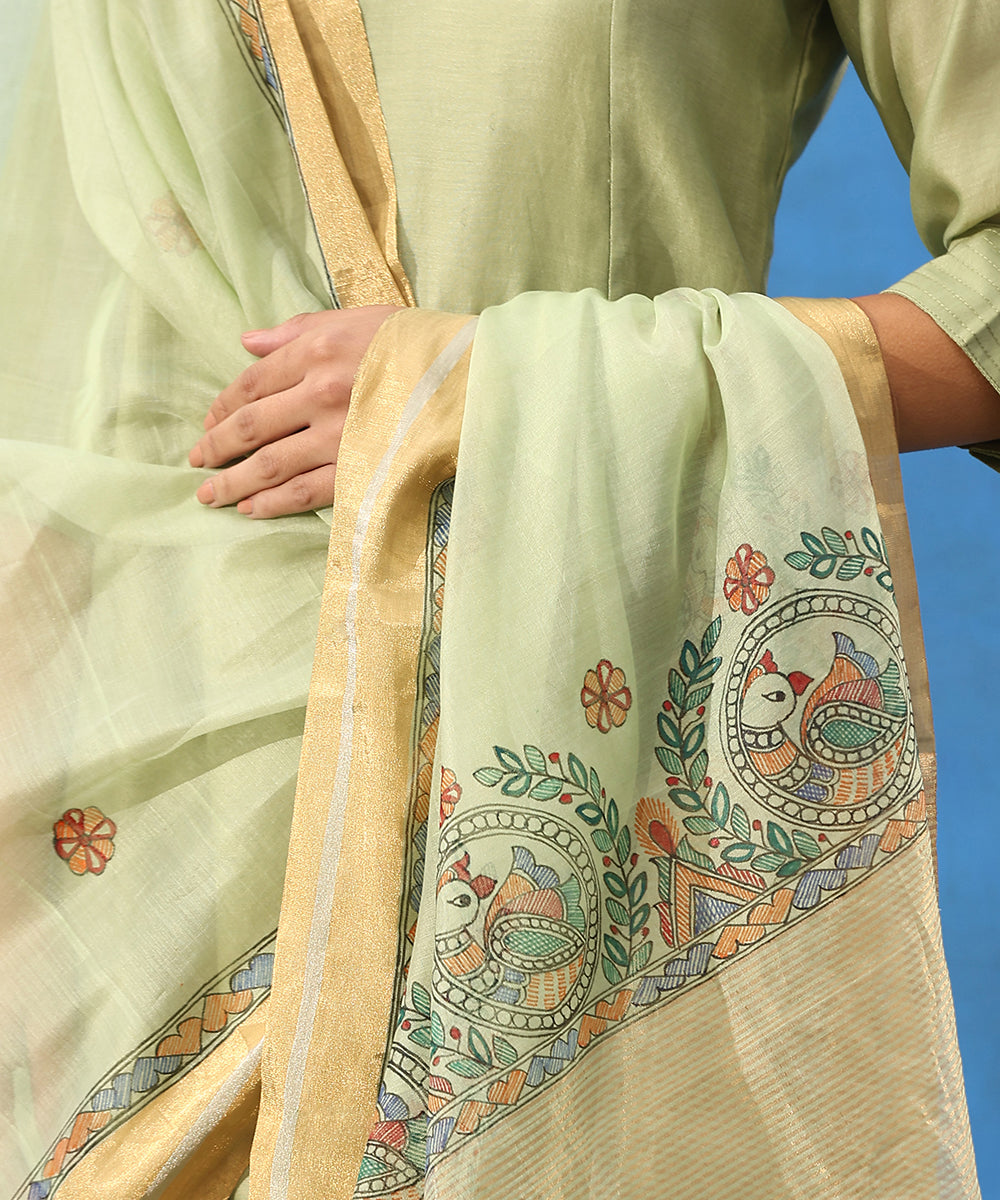 Pista_Green_Handloom_Cotton_Chanderi_Kurta_Set_With_Hand_Painted_Madhubani_Dupatta_WeaverStory_11