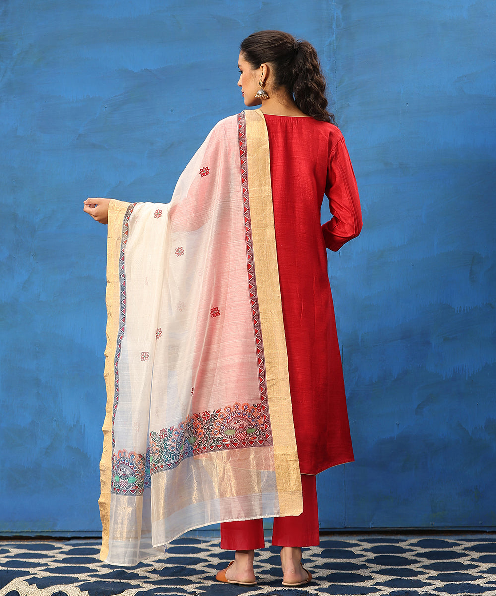 Red_Handloom_Pure_Cotton_Chanderi_Kurta_Set_With_Madhubani_Hand_Painted_Dupatta_WeaverStory_03