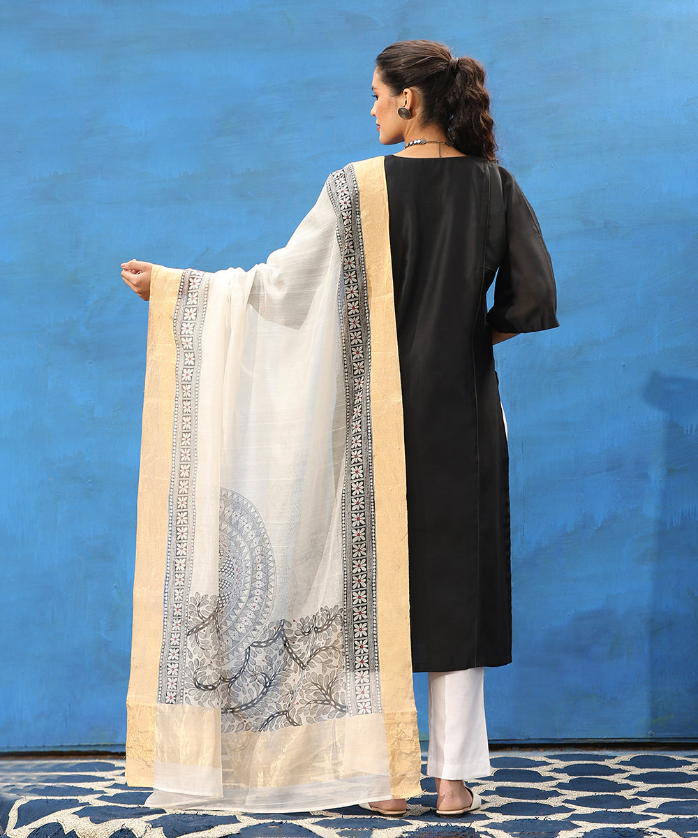Black_Handloom_Pure_Chanderi_Kurta_Set_With_Hand_Painted_Madhubani_Dupatta_WeaverStory_03