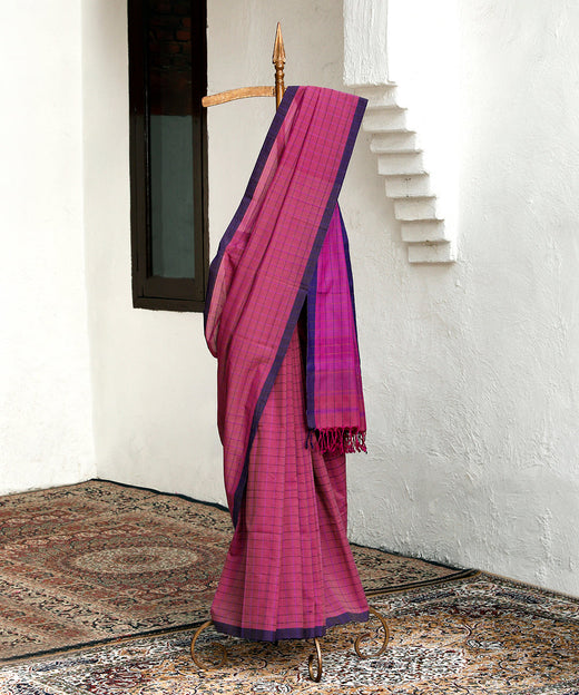 Berry Purple Handloom Cotton Maheshwari Saree With Checks And Purple Border