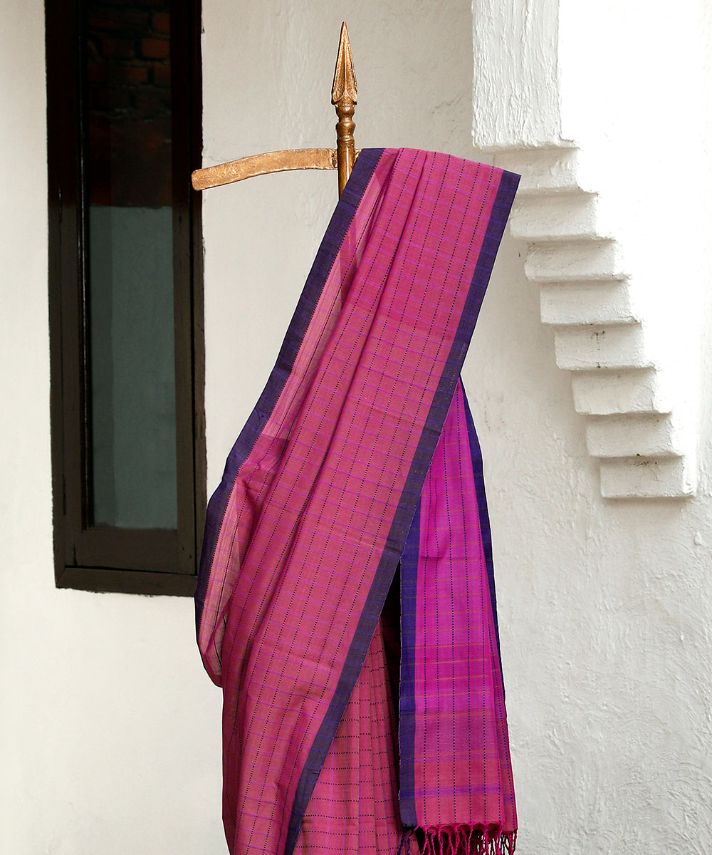 Berry_Purple_Handloom_Cotton_Chanderi_Saree_With_Checks_And_Purple_Border_WeaverStory_02