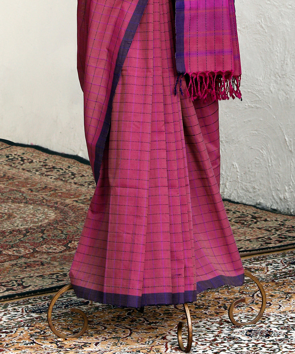 Berry_Purple_Handloom_Cotton_Chanderi_Saree_With_Checks_And_Purple_Border_WeaverStory_03