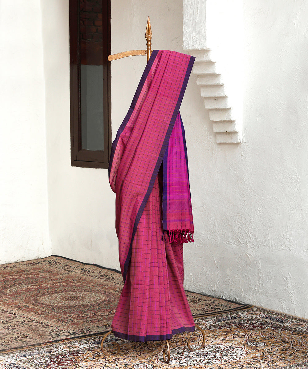 Handloom_Berry_Purple_Cotton_Chanderi_Saree_With_Checks_And_Purple_Border_WeaverStory_01