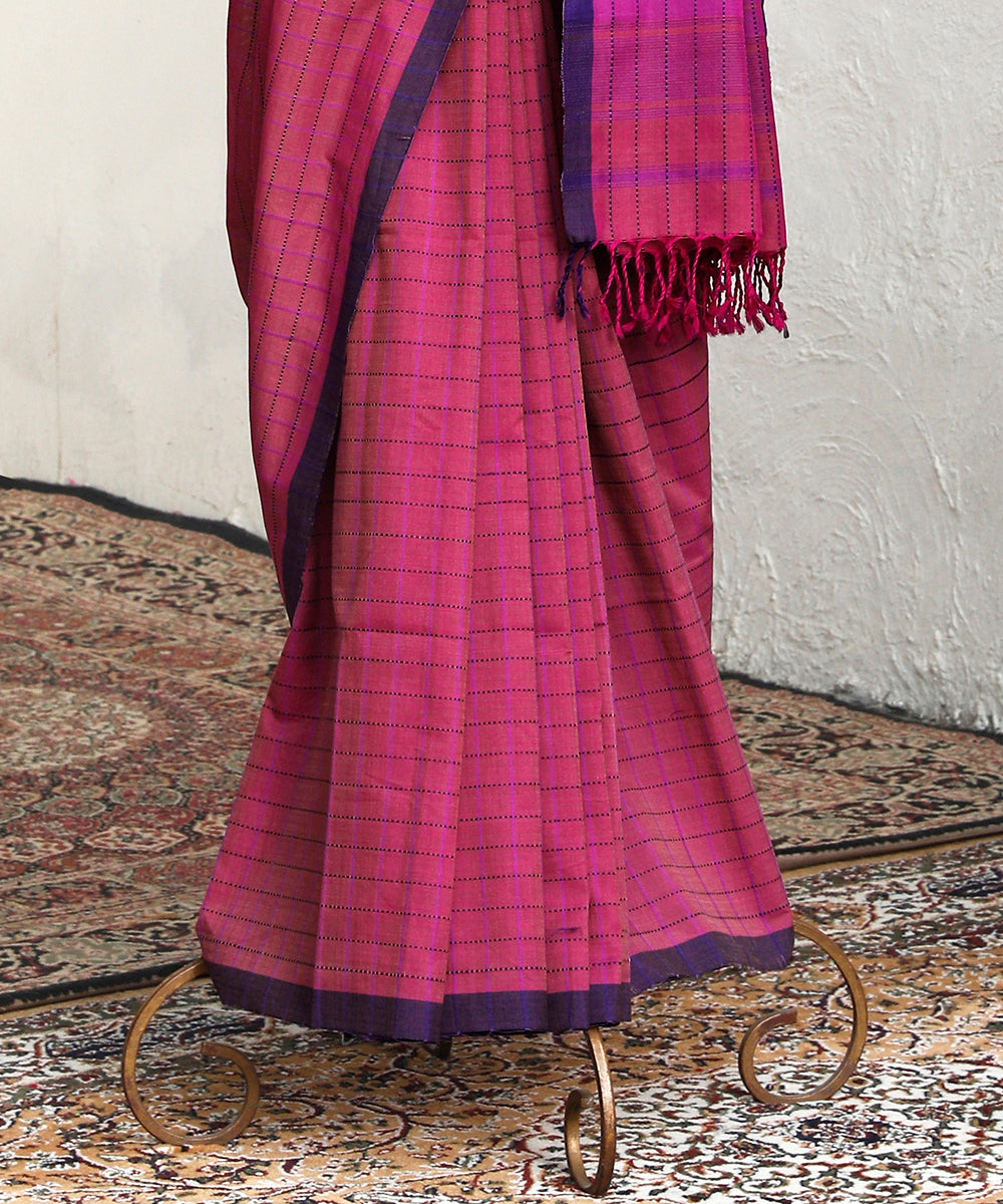 Handloom_Berry_Purple_Cotton_Chanderi_Saree_With_Checks_And_Purple_Border_WeaverStory_03