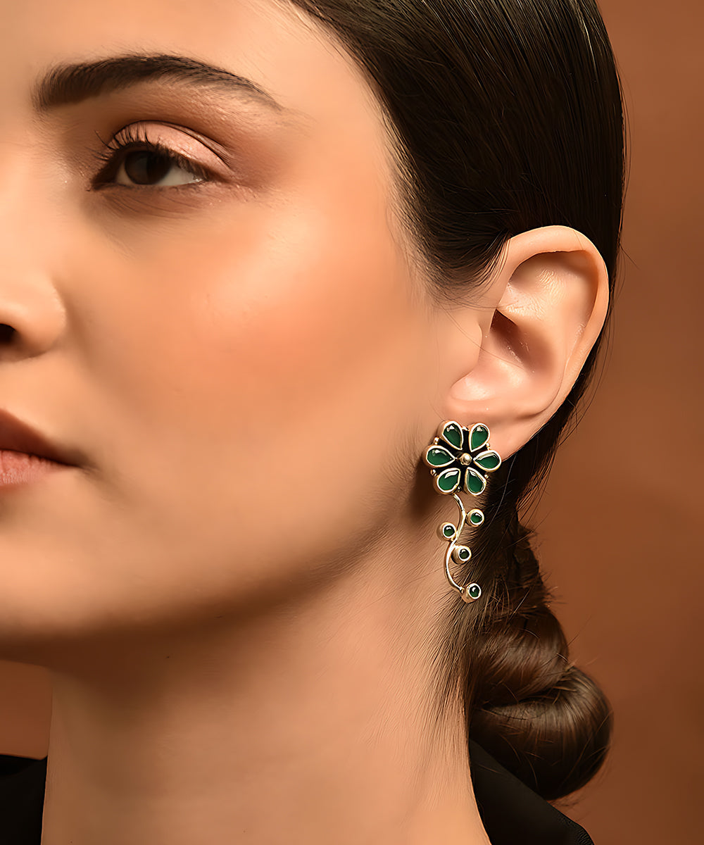 Resha_Handcrafted_Pure_Silver_Earrings_With_Green_Flowers_Design_WeaverStory_02