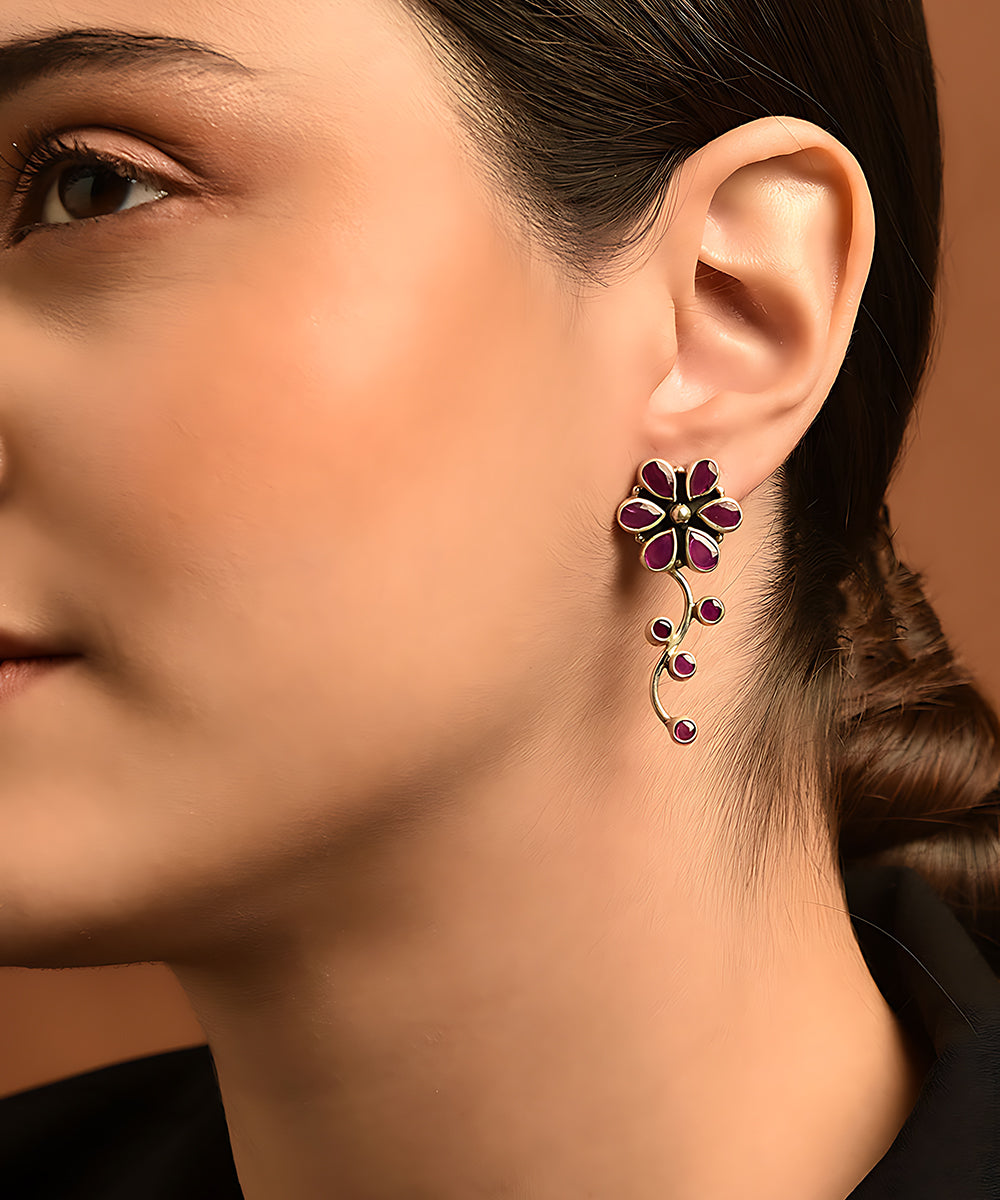 Prithibi_Handcrafted_Pure_Silver_Earrings_With_Pink_Flower_Motif_WeaverStory_02