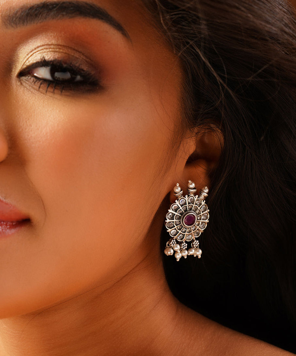 Ojeeta_Handcrafted_Pure_Silver_Earrings_With_Ruby_And_Pearls_WeaverStory_01