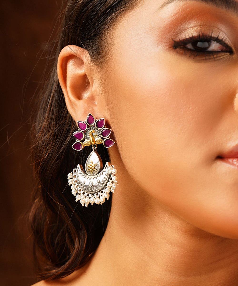 Subimal_Handcrafted_Pure_Silver_Earrings_With_Ruby_And_Pearls_WeaverStory_01