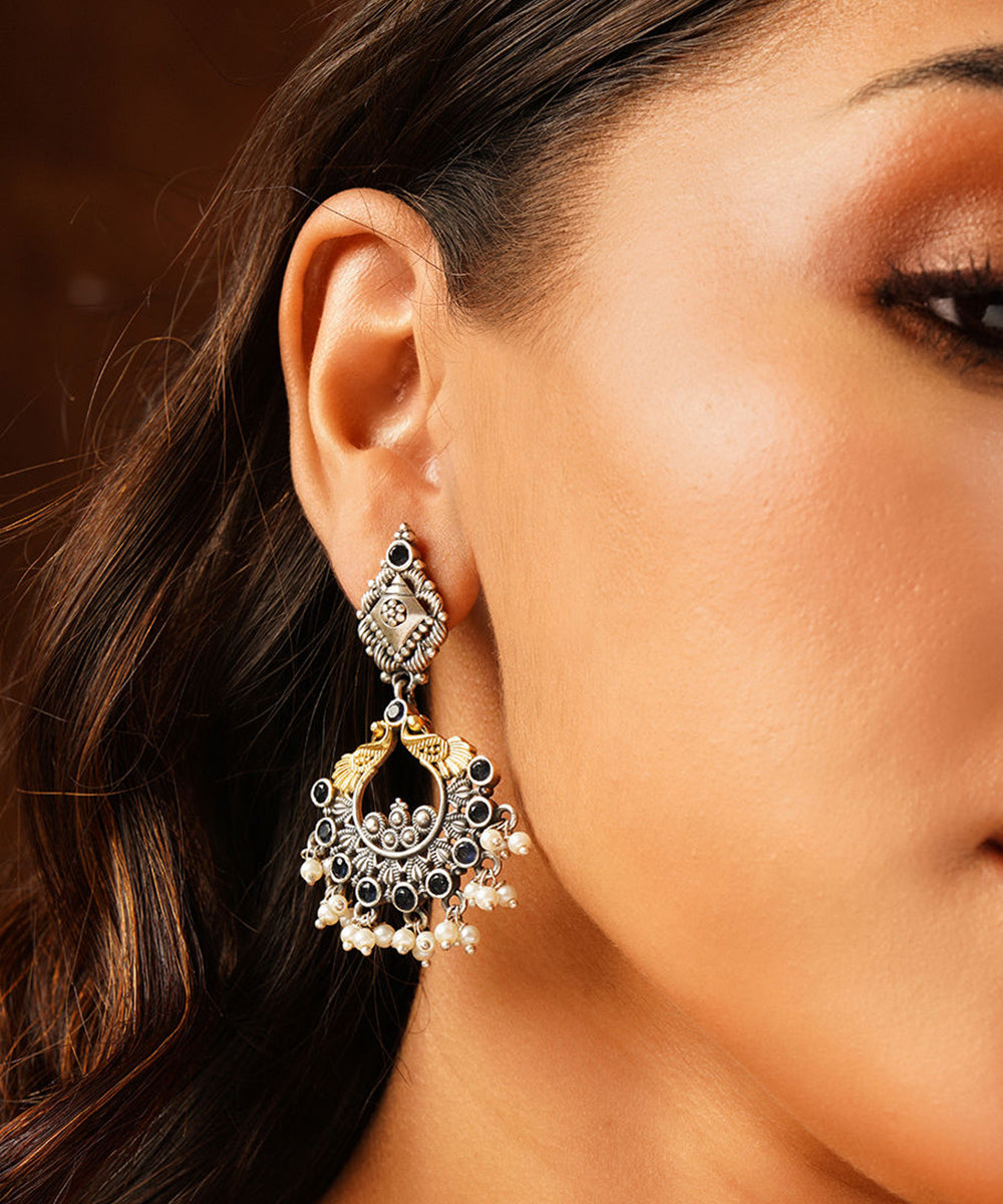 Pitam_Handcrafted_Pure_Silver_Earrings_With_Sapphire_WeaverStory_01