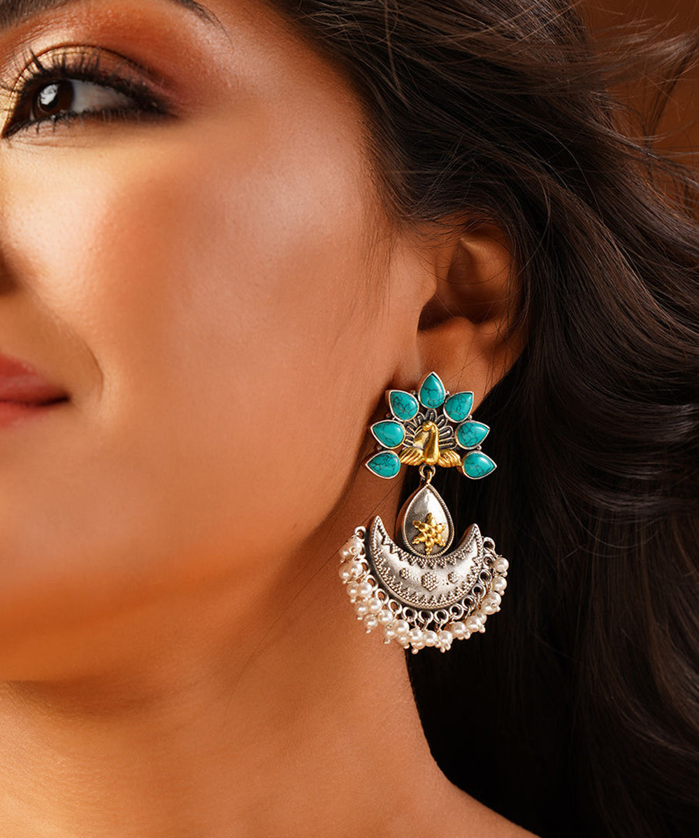 Ongkar_Turquoise_Handcrafted_Pure_Silver_Earrings_With_Pearls_WeaverStory_01