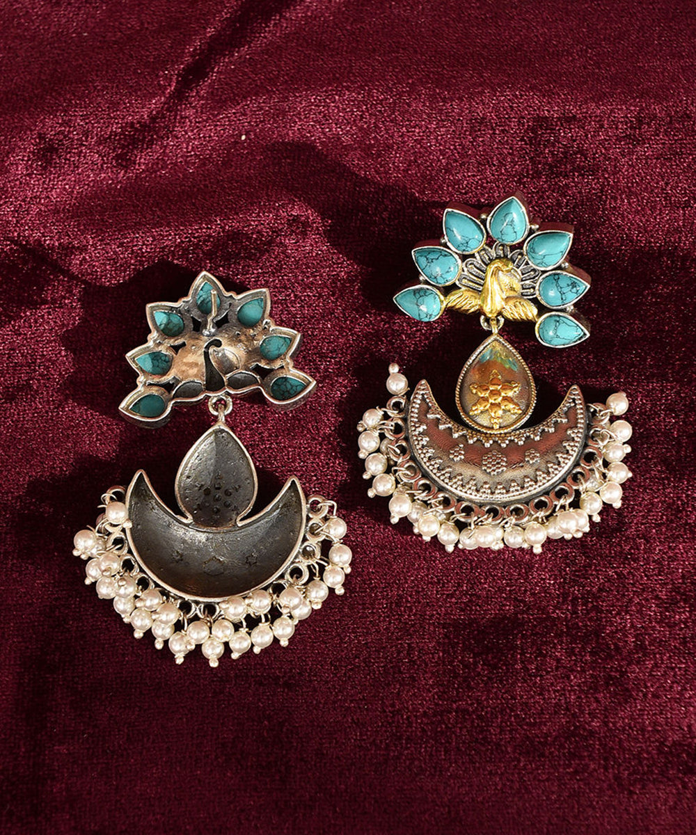 Ongkar_Turquoise_Handcrafted_Pure_Silver_Earrings_With_Pearls_WeaverStory_03