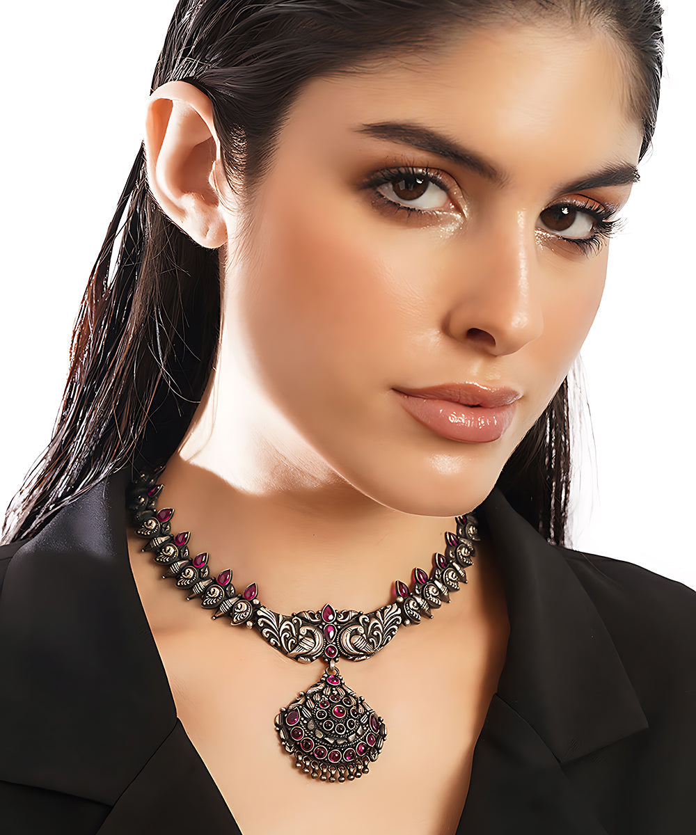 Gul_Handcrafted_Pure_Silver_Necklace_With_Peacock_Motif_WeaverStory_02