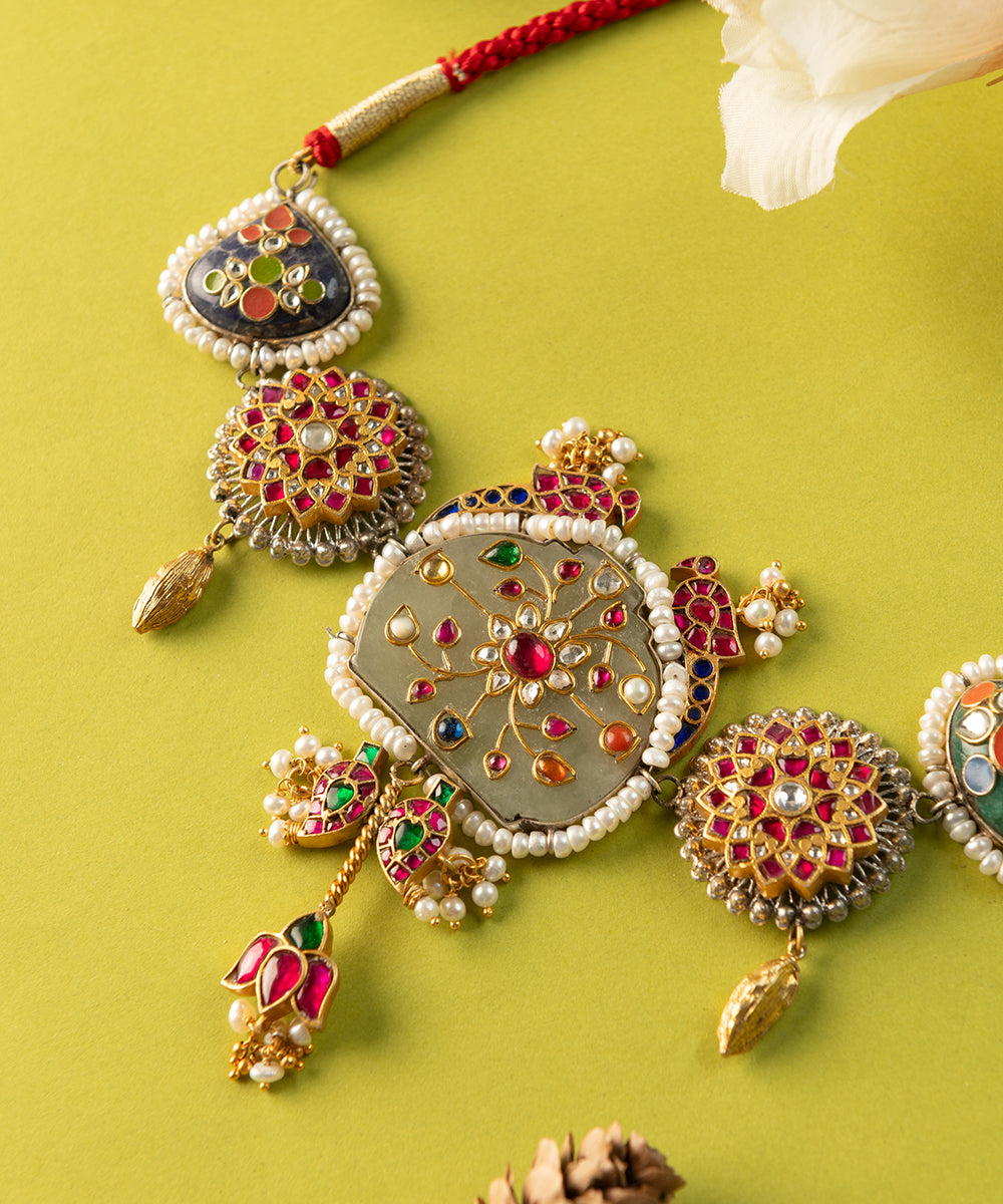 Rushil_Handcrafted_Oxidised_Pure_Silver_Kundan_Necklace_With_Jade_And_Pearls_WeaverStory_02