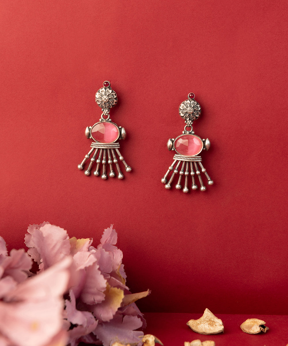 Titirsha_Handcrafted_Oxidised_Pure_Silver_Earrings_With_Rose_Quartz_And_Kemstones_WeaverStory_01