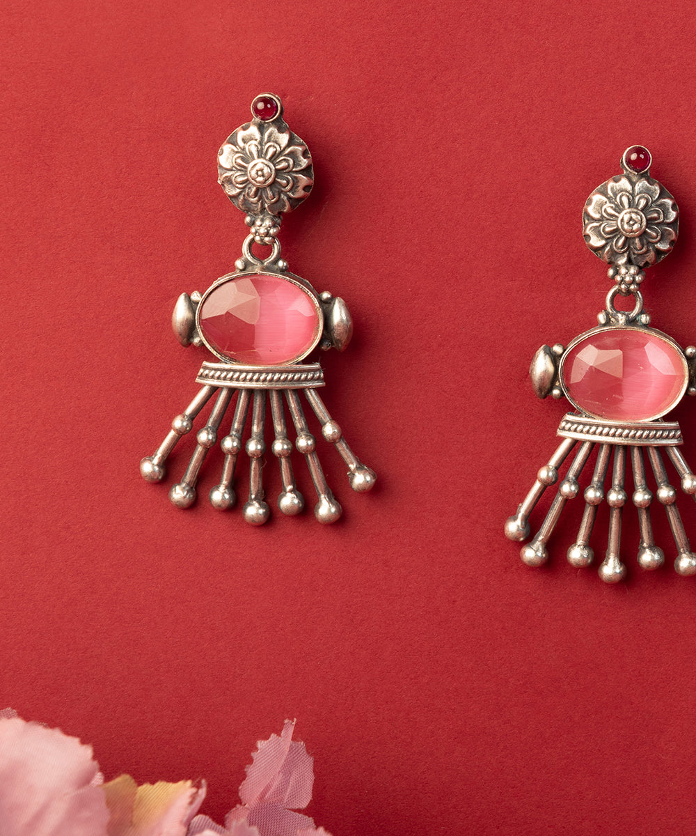 Titirsha_Handcrafted_Oxidised_Pure_Silver_Earrings_With_Rose_Quartz_And_Kemstones_WeaverStory_02