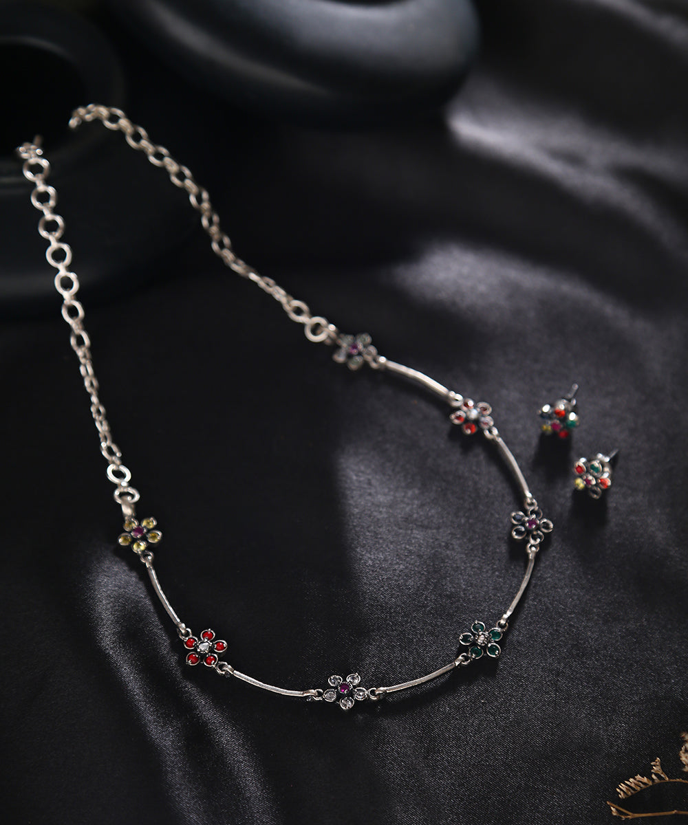 Sher_Navratna_Handcrafted_Necklace_Set_In_Oxidised_Pure_Silver_WeaverStory_01