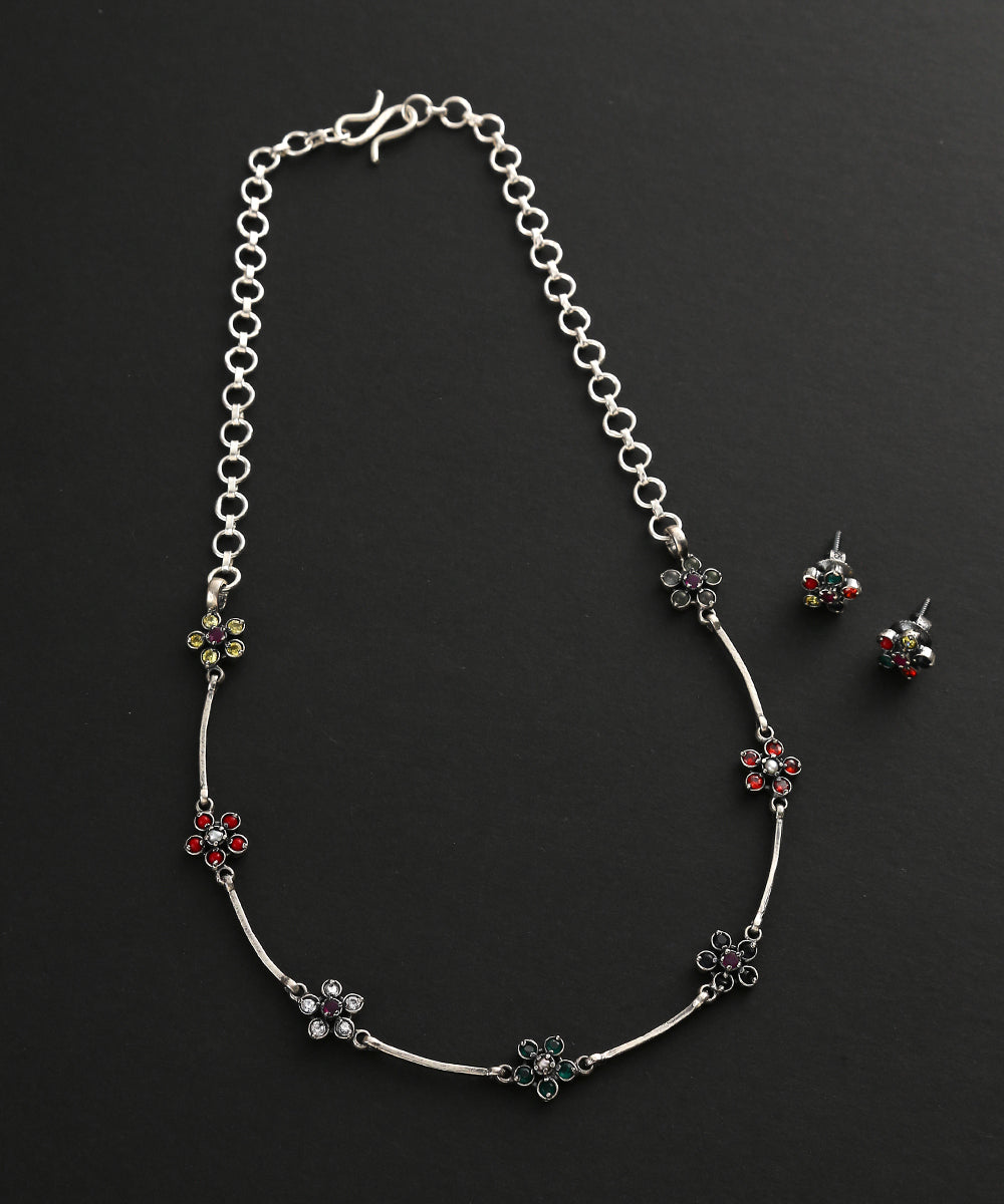 Sher_Navratna_Handcrafted_Necklace_Set_In_Oxidised_Pure_Silver_WeaverStory_02