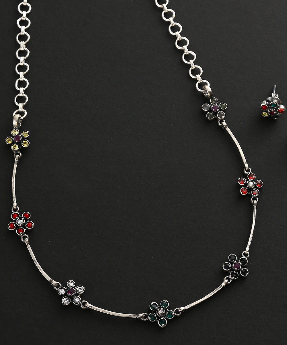 Sher_Navratna_Handcrafted_Necklace_Set_In_Oxidised_Pure_Silver_WeaverStory_03