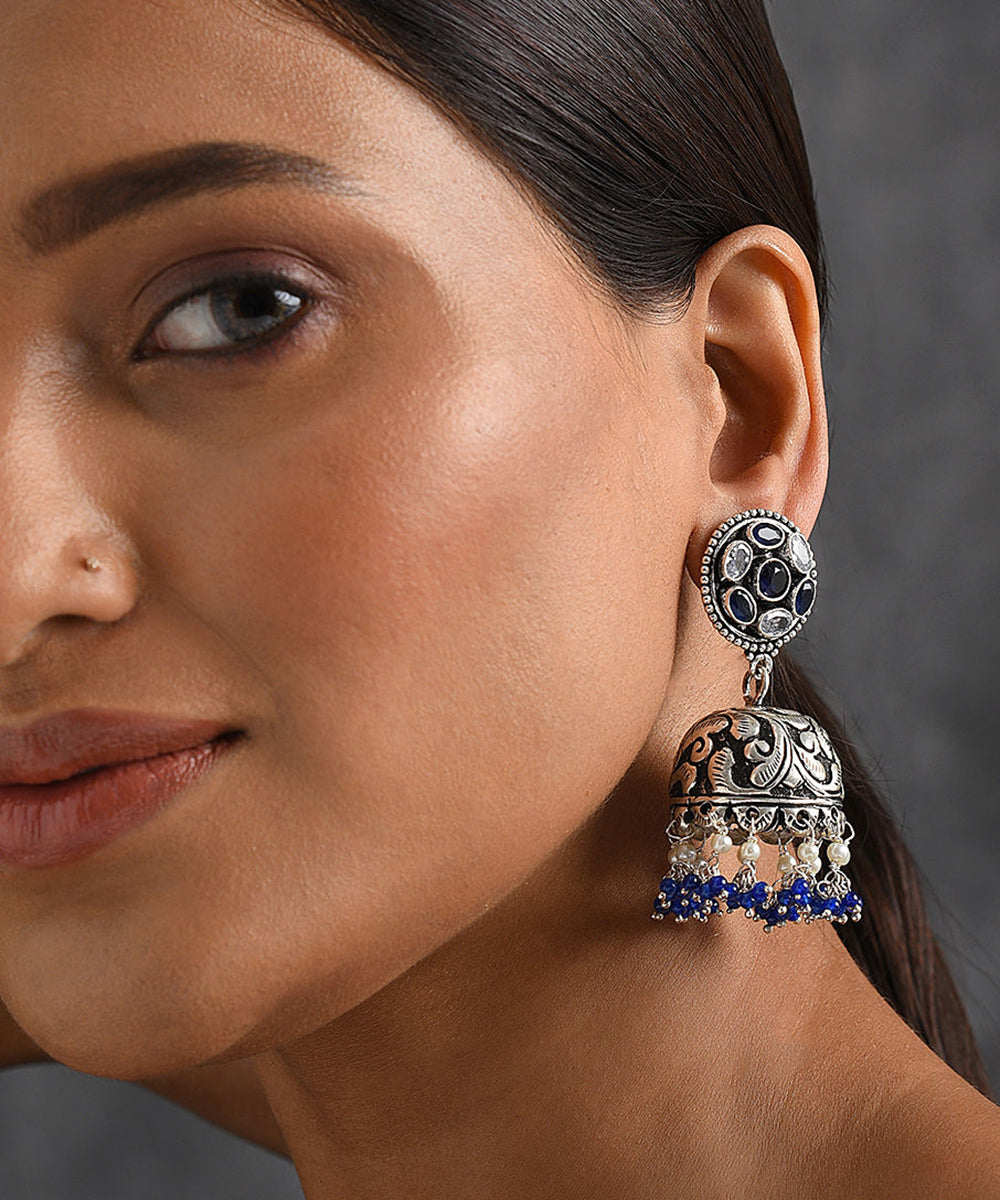Zimaal_Handcrafted_Oxidised_Pure_Silver_Jhumkas_With_Stones_And_Pearls_WeaverStory_02