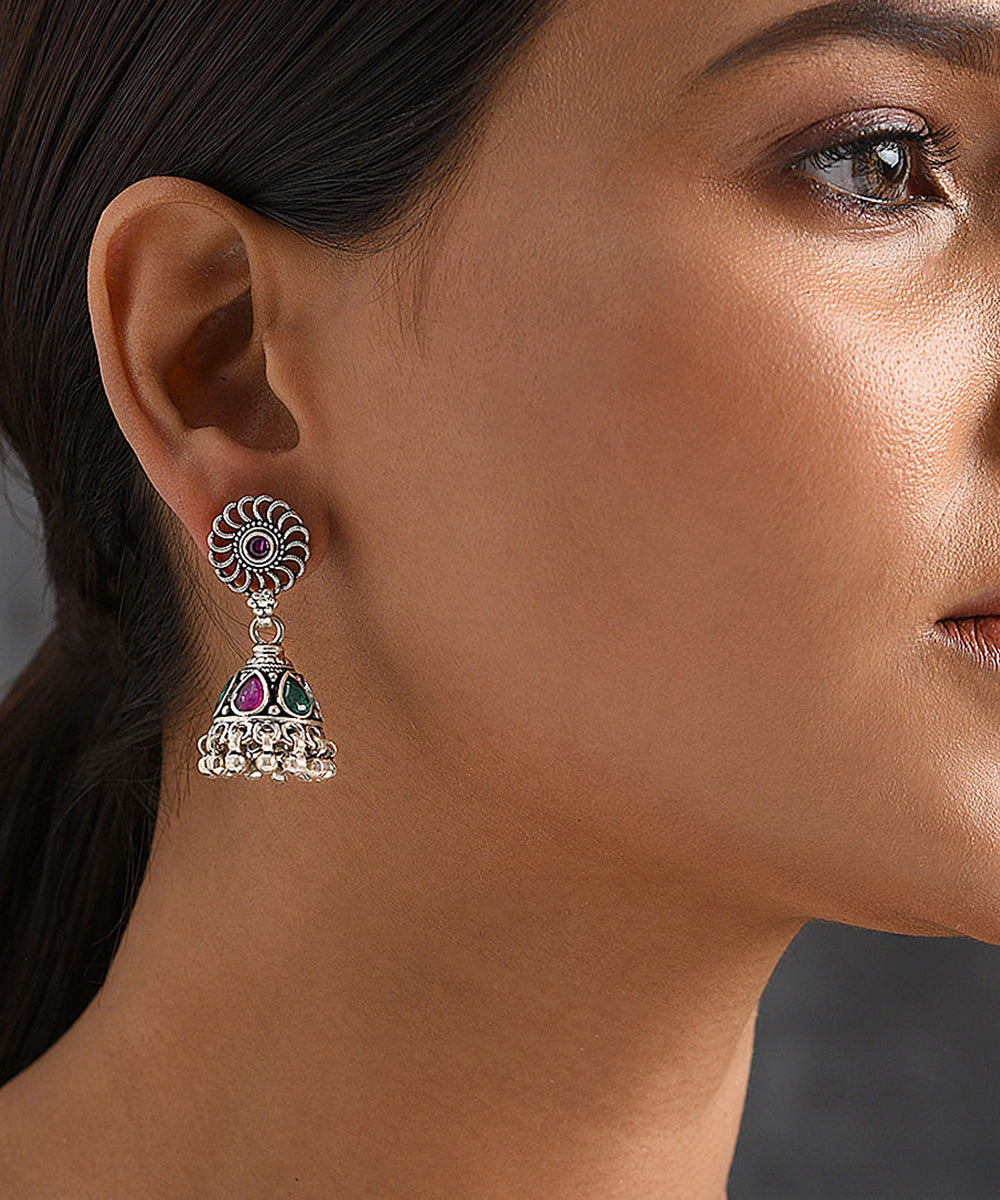 Shana_Handcrafted_Oxidised_Pure_Silver_Jhumkas_With_Pink_And_Green_Stones_WeaverStory_02