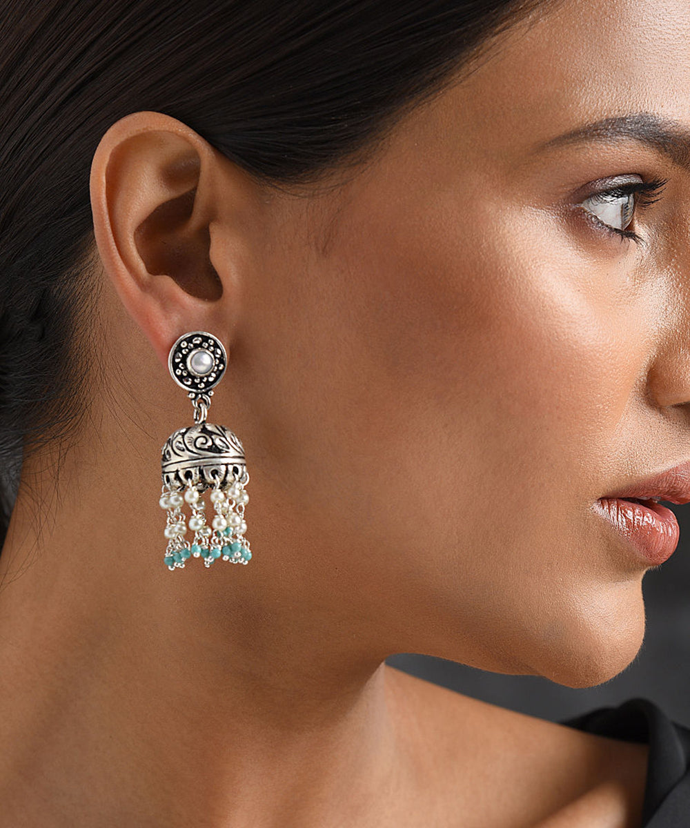 Mariyam_Handcrafted_Oxidised_Pure_Silver_Jhumkas_With_Pearls_WeaverStory_02