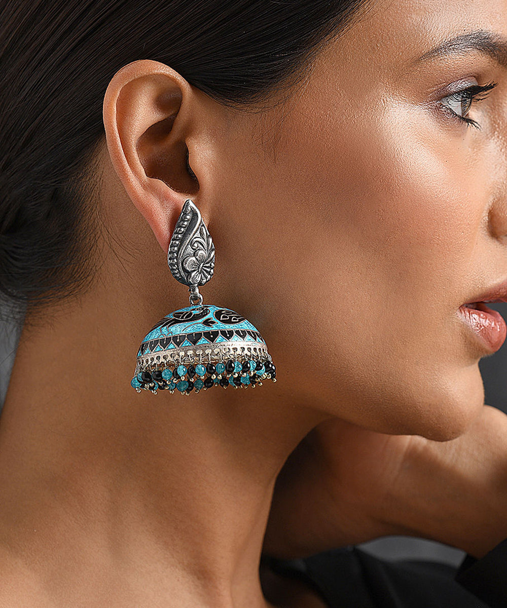 Afza_Handcrafted_Oxidised_Pure_Silver_Jhumkas_With_Enamel_And_Stones_WeaverStory_02