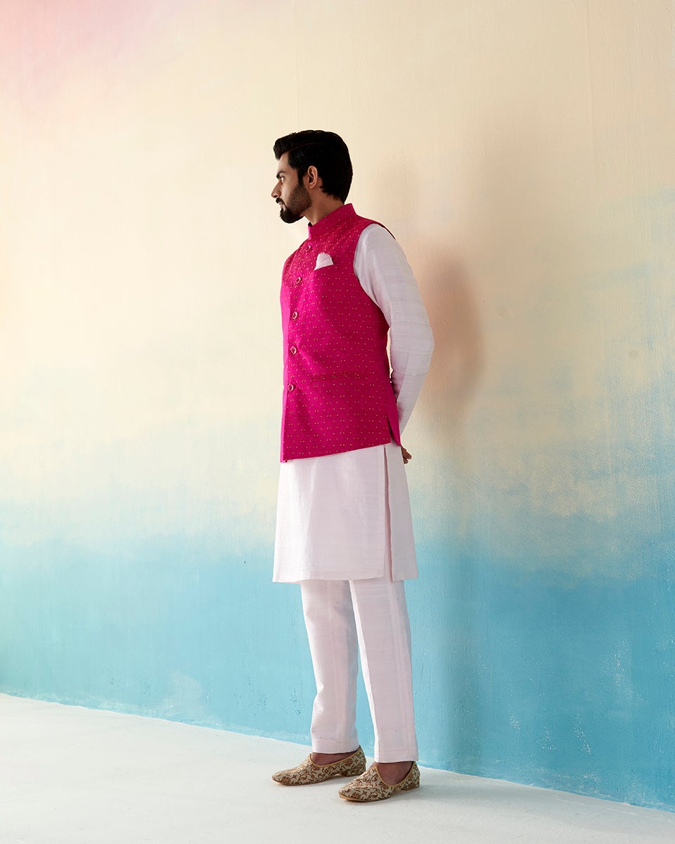 Hot_Pink_Handloom_Pure_Katan_Silk_Banarasi_Nehru_Jacket_with_Golden_Booti_WeaverStory_02