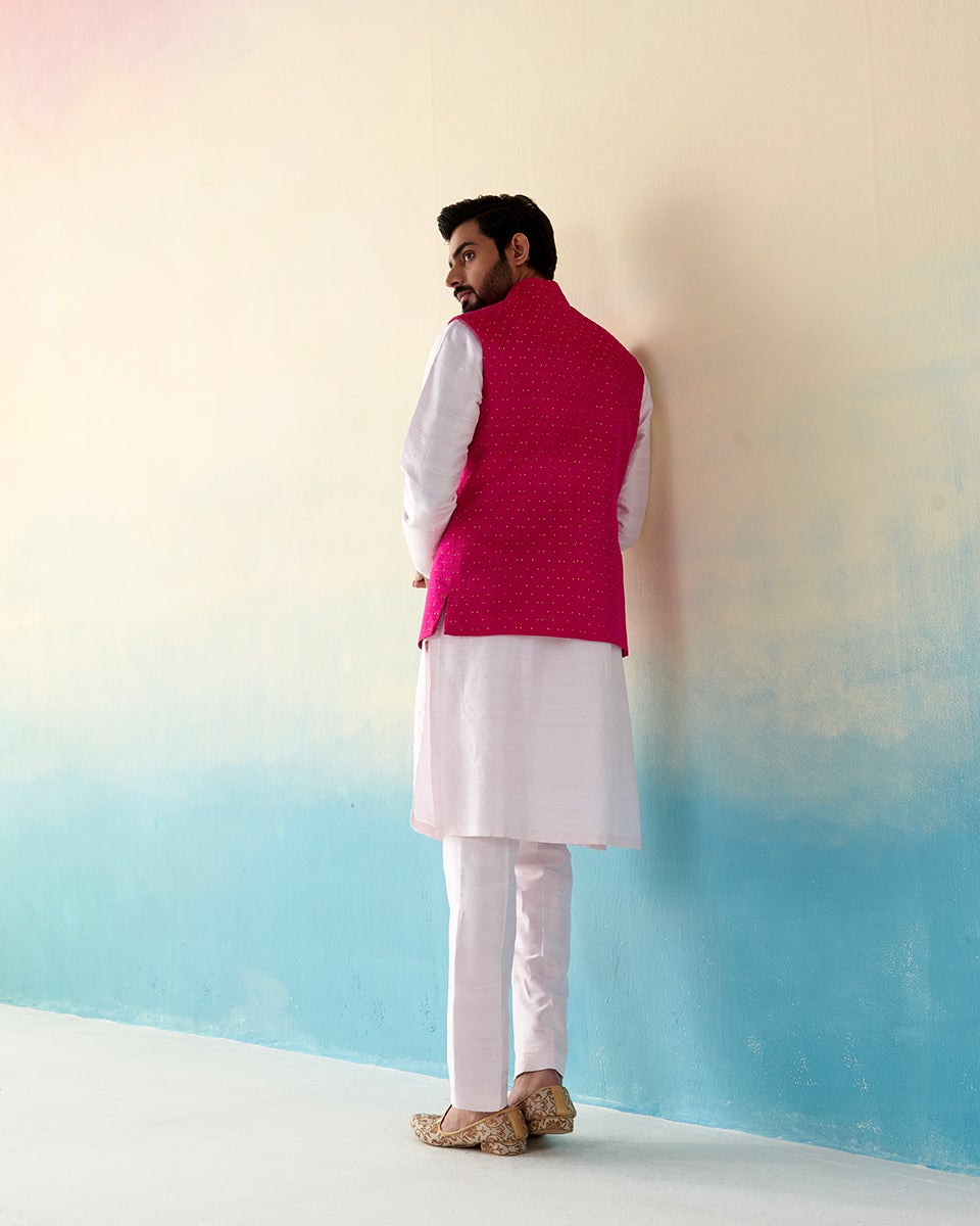 Hot_Pink_Handloom_Pure_Katan_Silk_Banarasi_Nehru_Jacket_with_Golden_Booti_WeaverStory_03