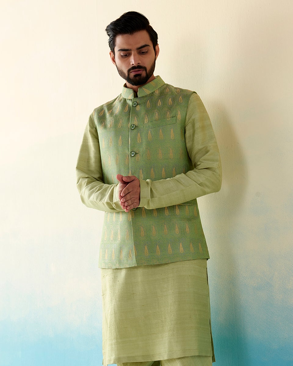 Pista_Green_Handloom_Pure_Katan_Silk_Banarasi_Nehru_Jacket_with_Zari_Tanchoi_Booti_WeaverStory_01