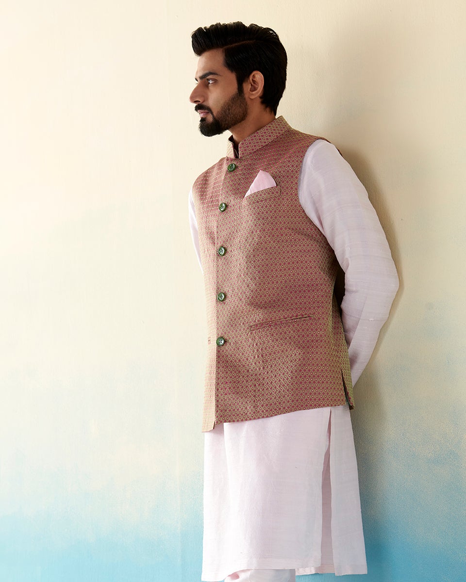 Handloom_Pista_And_Pink_Dual_Tone_Pure_Katan_Silk_Tanchoi_Banarasi_Nehru_Jacket_WeaverStory_01