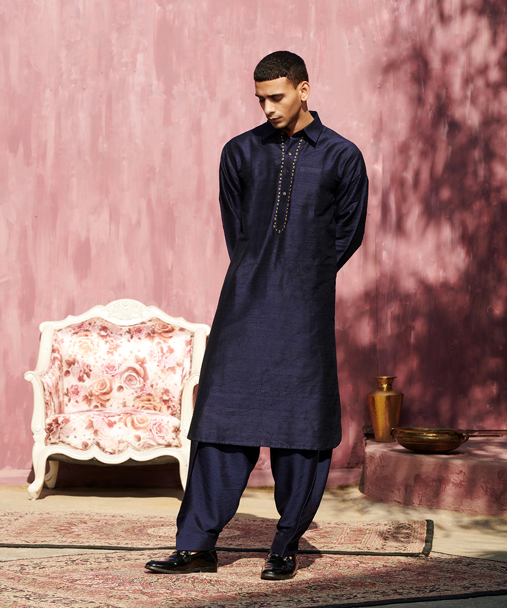 Handcrafted Dark Blue Raw Silk Pathani Stitched Kurta With Salwar