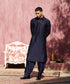 Handcrafted Dark Blue Raw Silk Pathani Stiched Kurta With Salwar