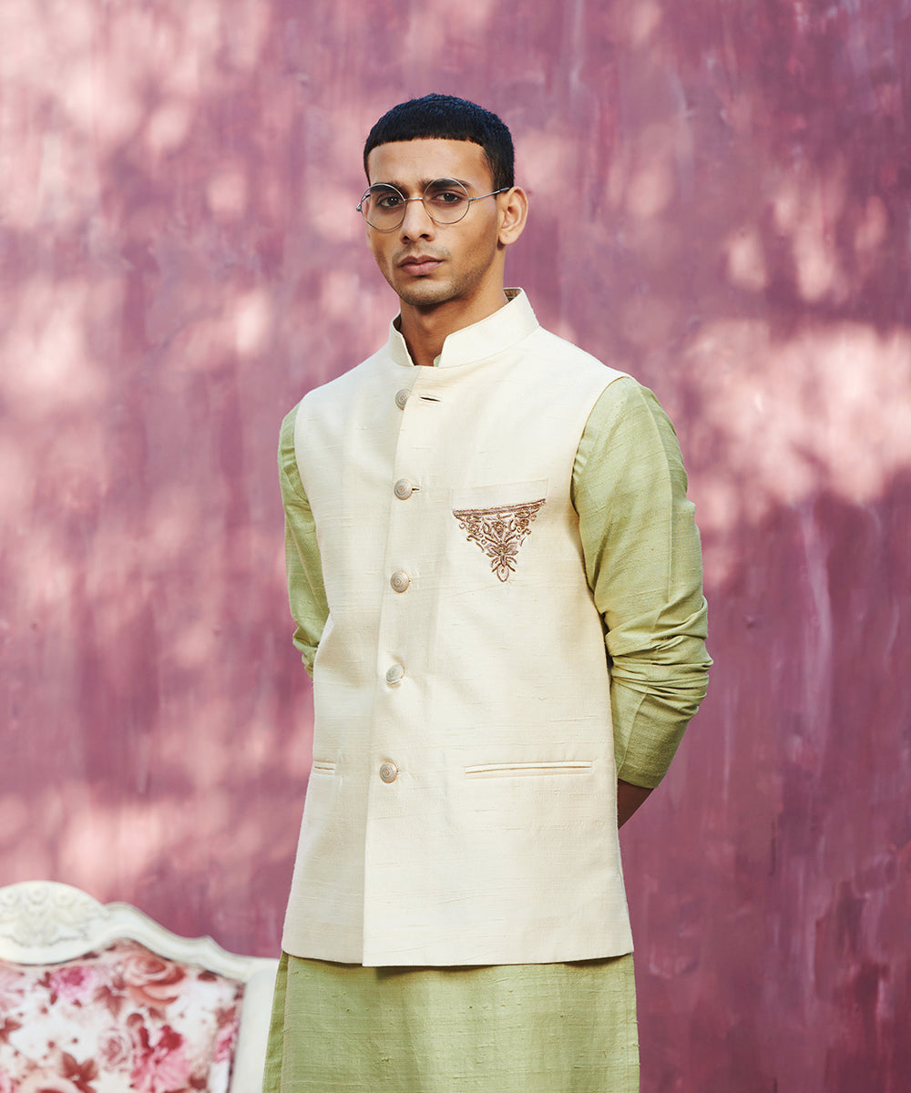 Offwhite Handcrafted Raw Silk Stitched Nehru Jacket With Dabka Hand Emboidery