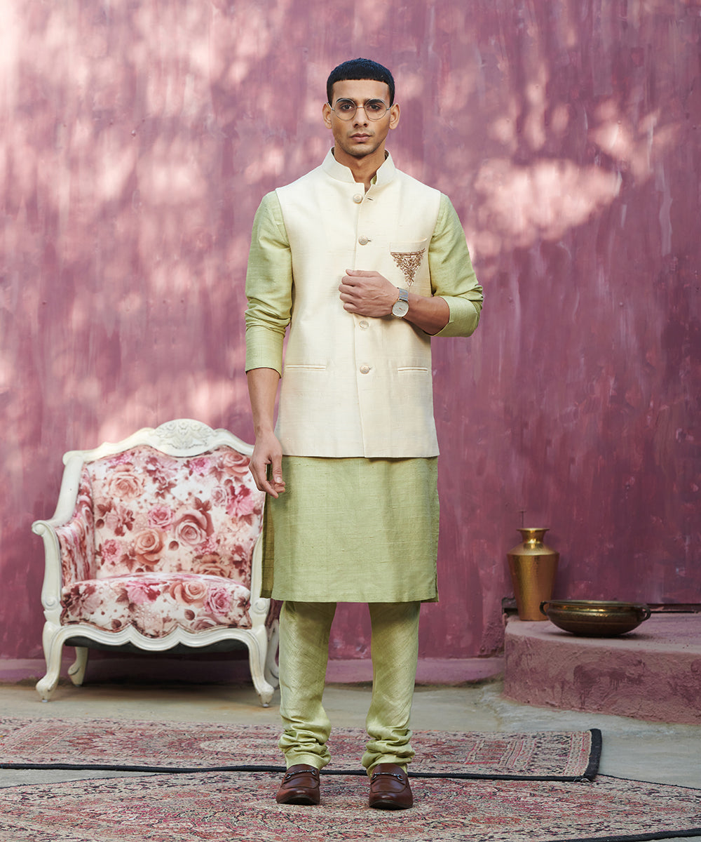 Offwhite Handcrafted Raw Silk Stitched Nehru Jacket With Dabka Hand Emboidery
