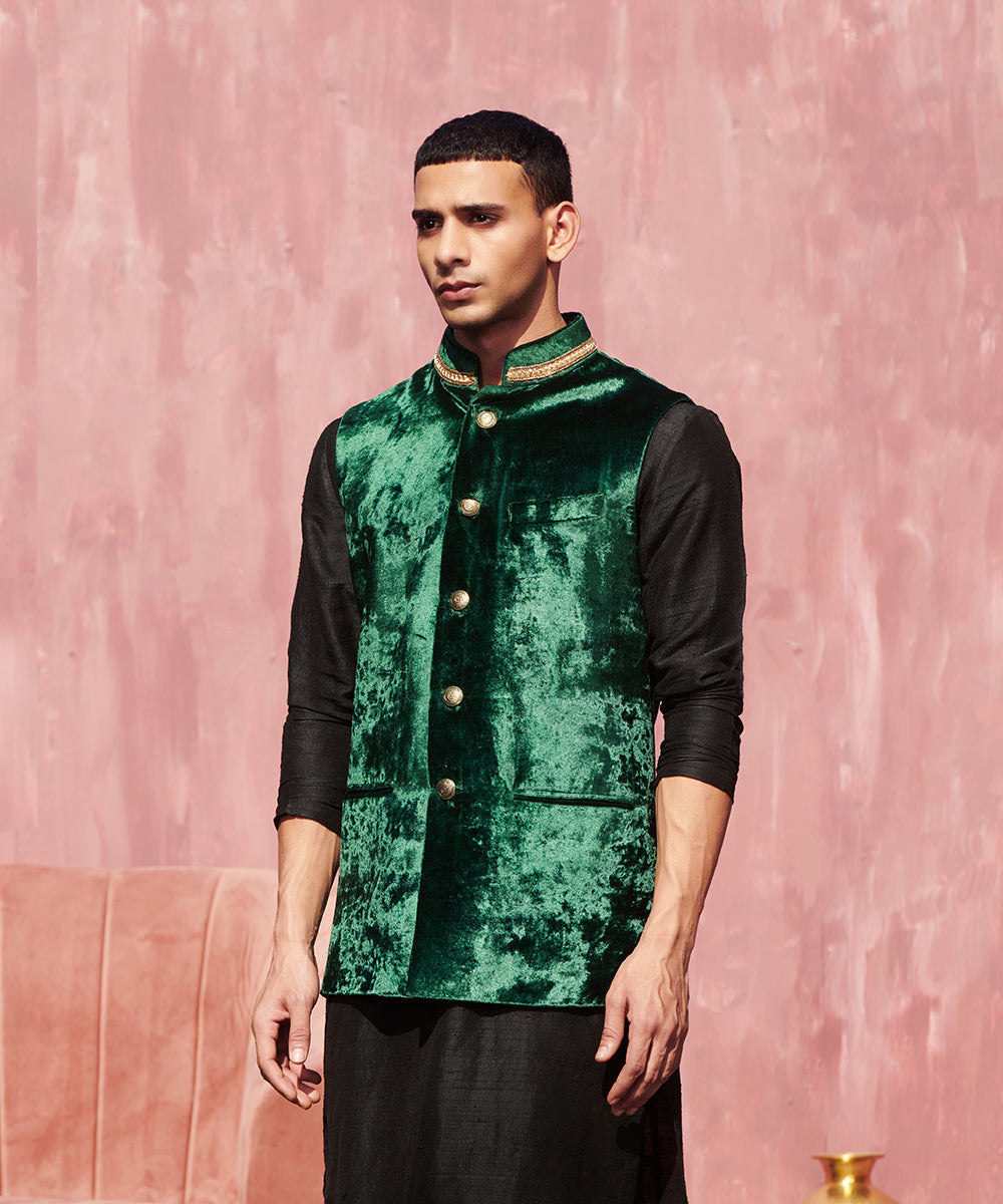 Velvet Nehru Jacket - Bottle Green