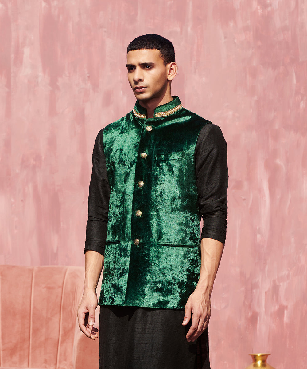Dark Green Handcrafted Velvet Stitched Nehru Jacket With Nakshi Embroidery