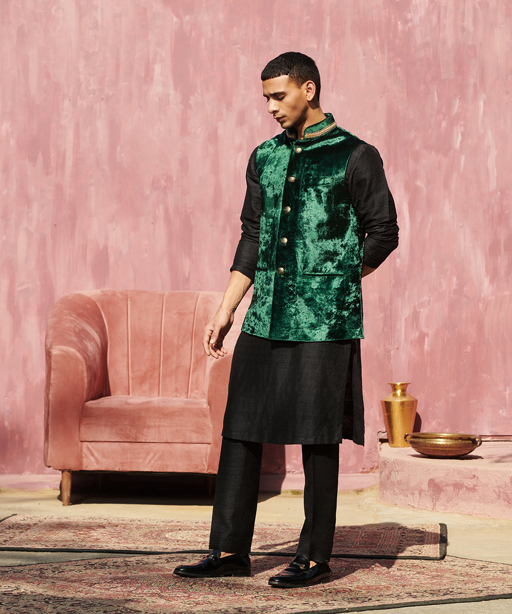 Dark Green Handcrafted Velvet Stitched Nehru Jacket With Nakshi Embroidery