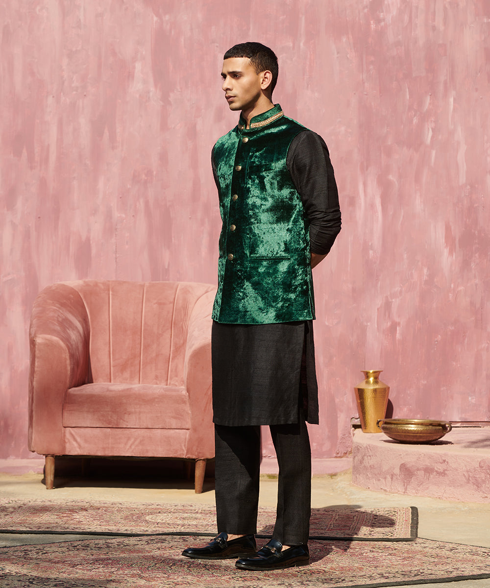 Dark Green Handcrafted Velvet Stitched Nehru Jacket With Nakshi Embroidery