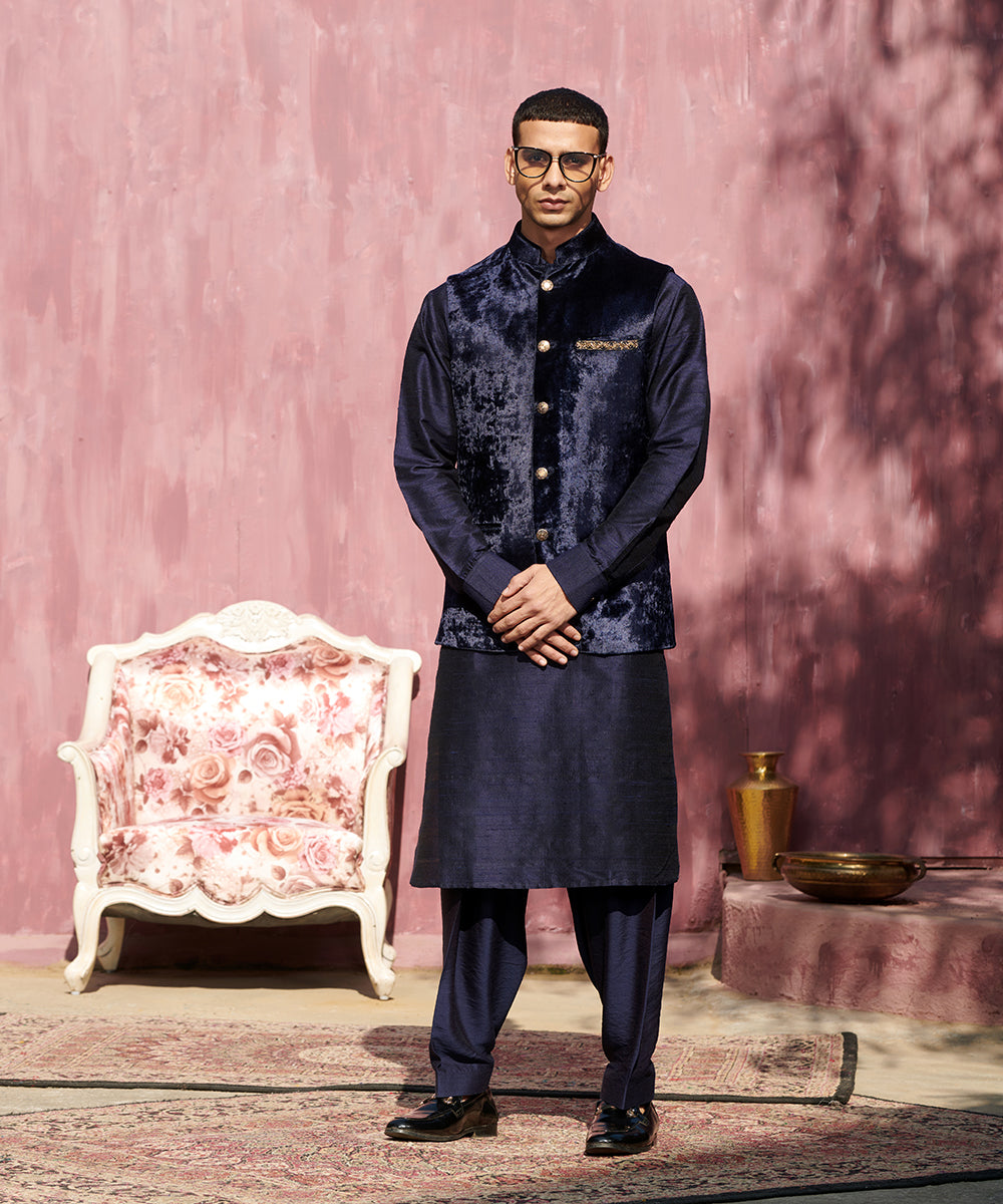 Handcrafted Dark Blue Velvet Stitched Nehru Jacket With Resham Embroidery
