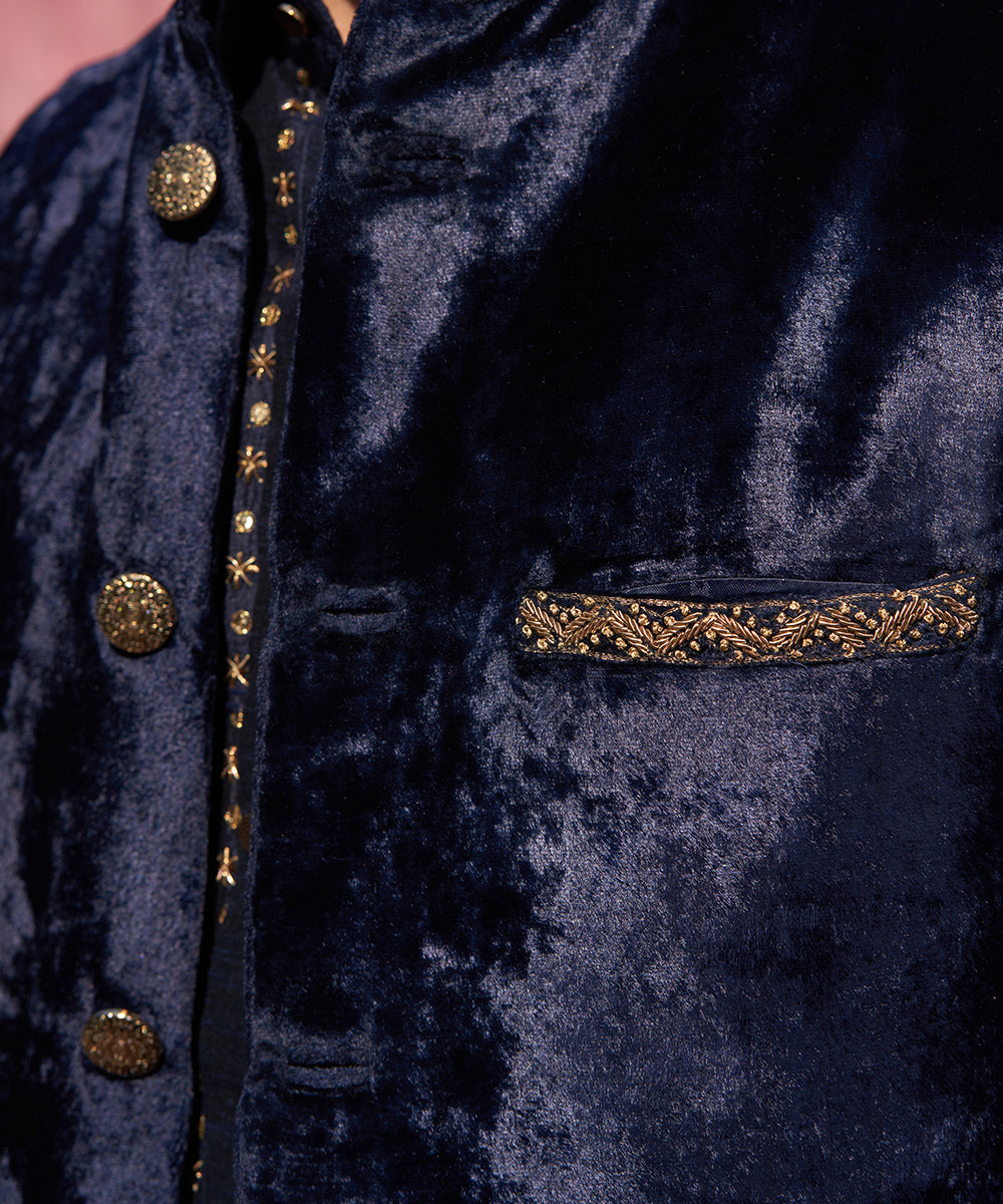 Handcrafted Dark Blue Velvet Stitched Nehru Jacket With Resham Embroidery