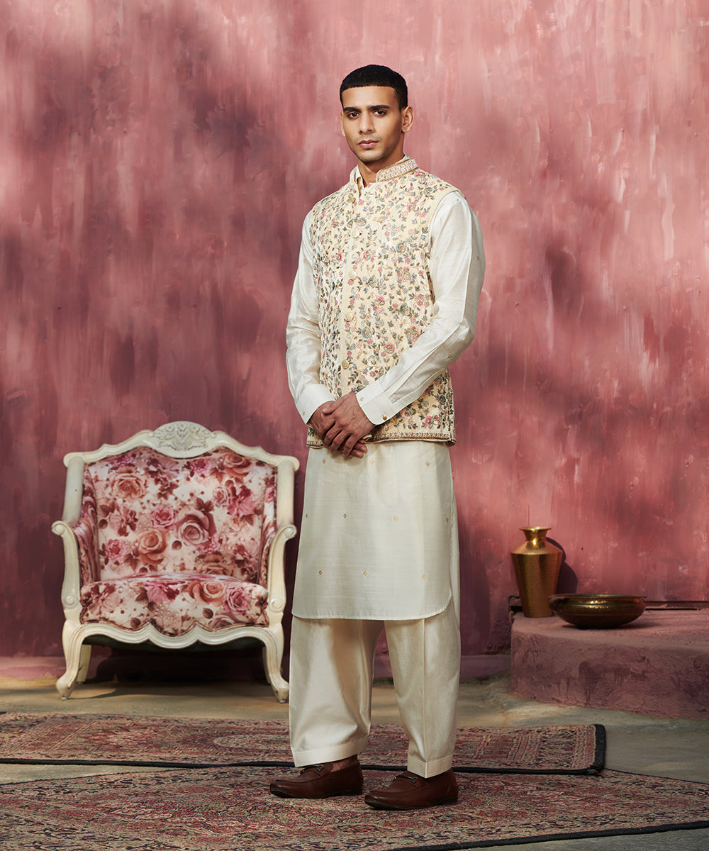 Offwhite Handcrafted Velvet Stitched Nehru Jacket With Floral Jaal