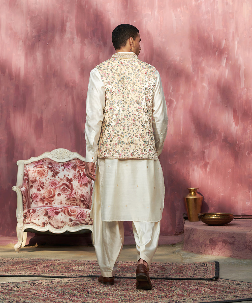 Offwhite Handcrafted Velvet Stitched Nehru Jacket With Floral Jaal