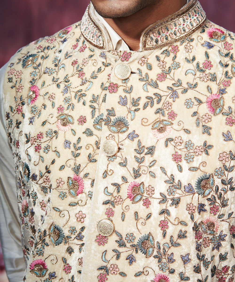 Offwhite Handcrafted Velvet Stitched Nehru Jacket With Floral Jaal