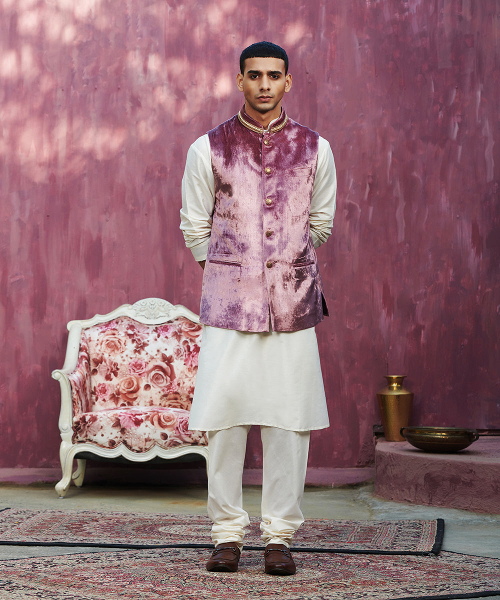 Handcrafted Onion Pink Velvet Stitched Nehru Jacket With Dabka And Nakshi Embroidery