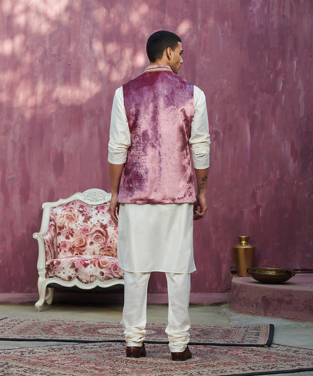 Handcrafted Onion Pink Velvet Stitched Nehru Jacket With Dabka And Nakshi Embroidery