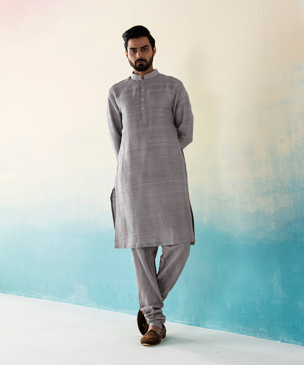 Grey_Raw_Silk_Kurta_Churidar_set_WeaverStory_02